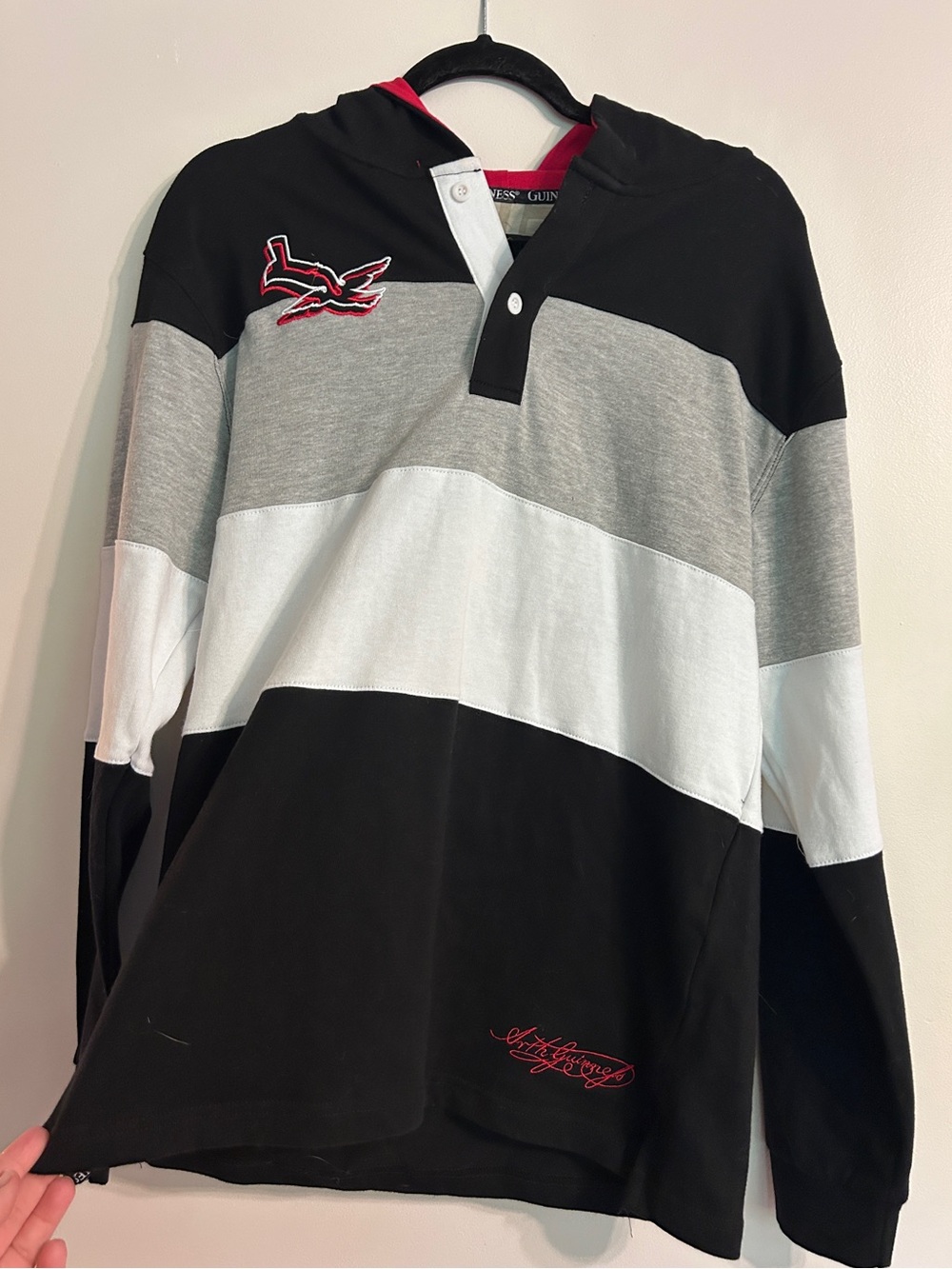 Guinness Black, Red, and Gray Hooded Rugby Top